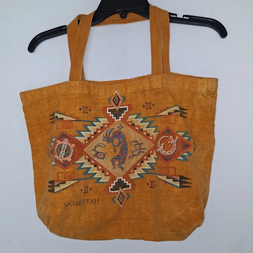 Vintage Retro VTG Boho Bohemian Southwestern Kokopelli Canvas Tote Bag Large